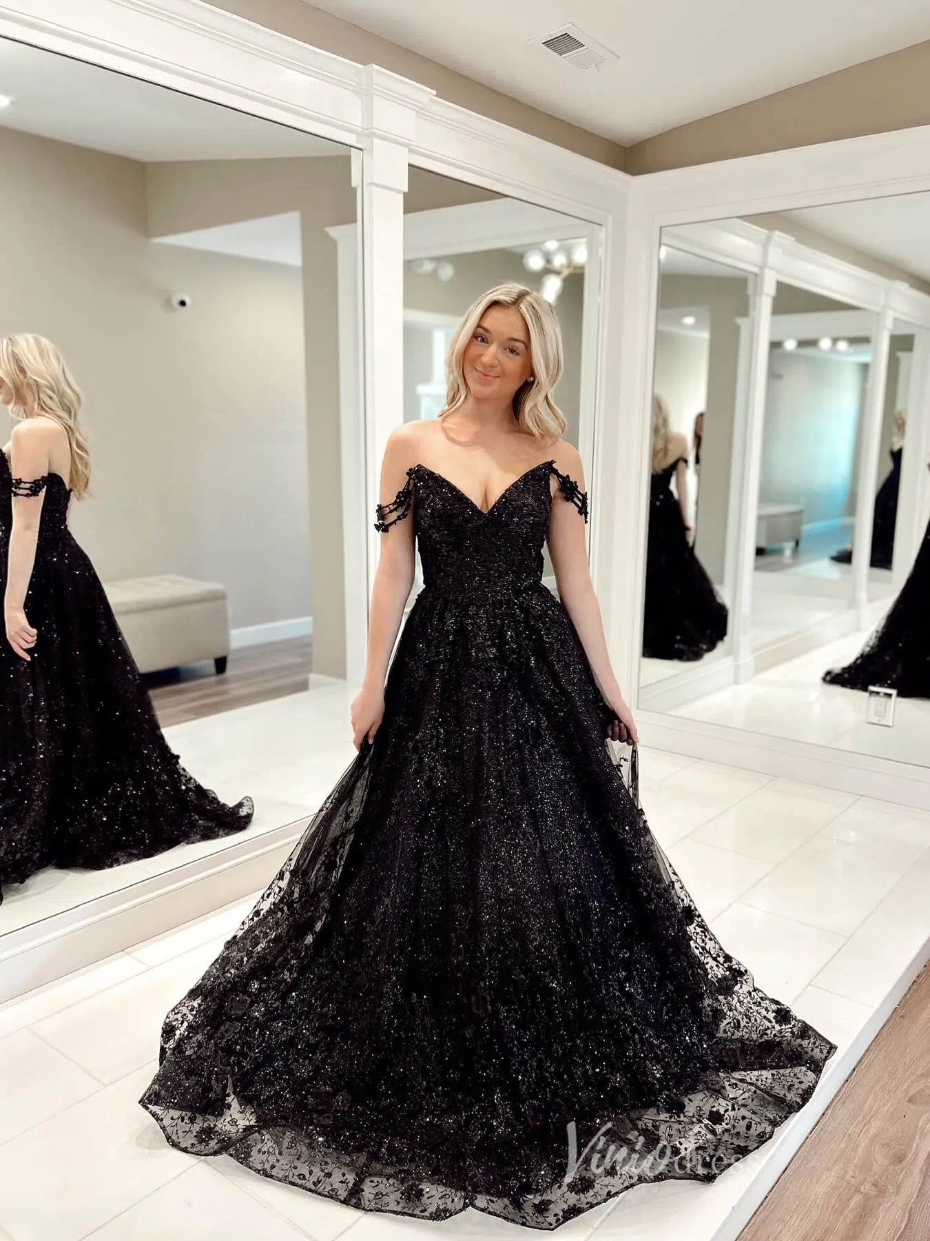 Black Sparkly Lace Prom Dresses Off the Shouder Formal Gown FD3972-prom dresses 2025 -Viniodress-Black-Custom Size-