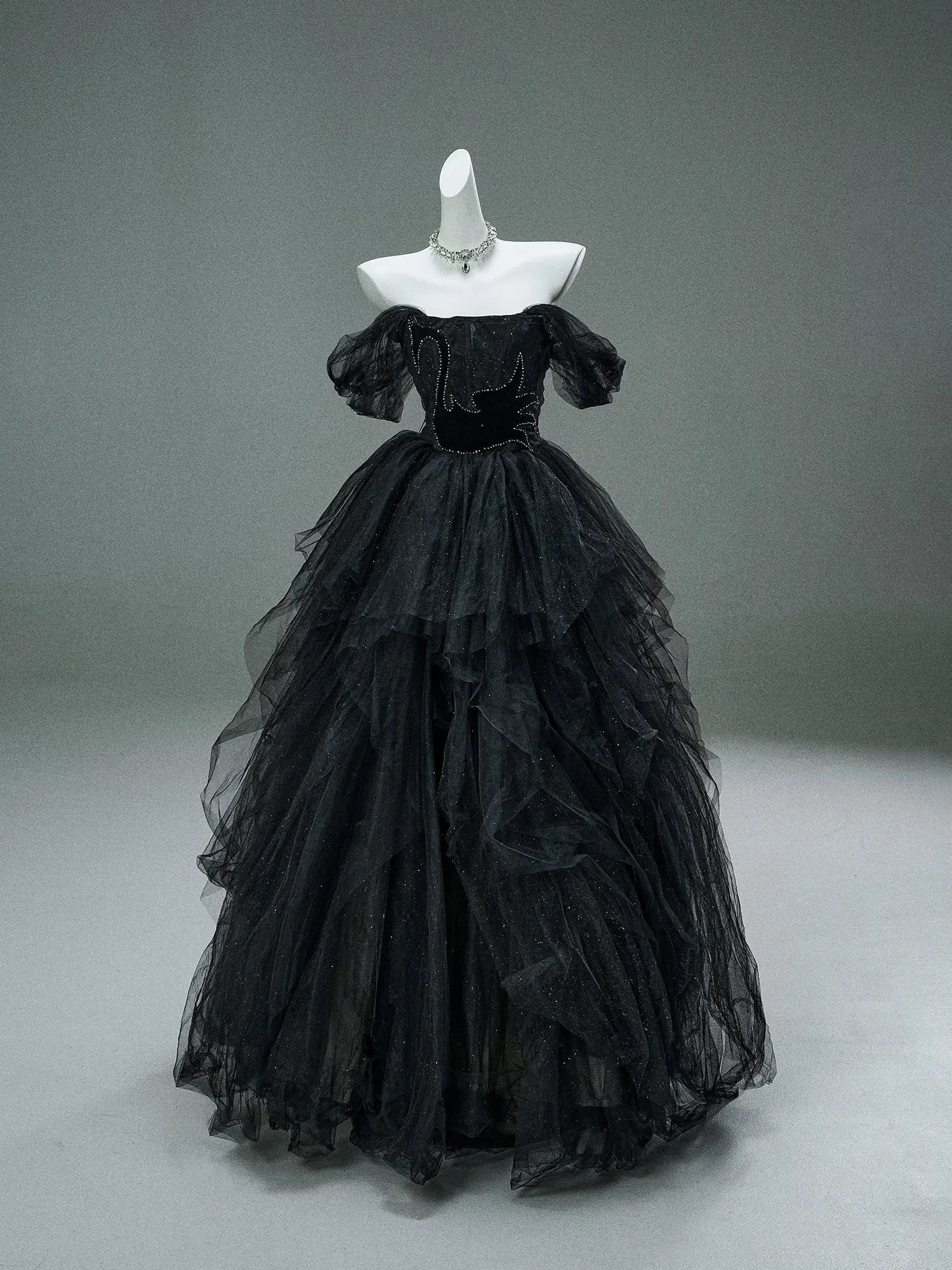 Black Sparkly Tulle Formal Dresses with Crystal Bodice & Tiered Bottom Viniodress Black Sparkly Tulle Formal Dresses with Crystal Bodice & Tiered Bottom Viniodress