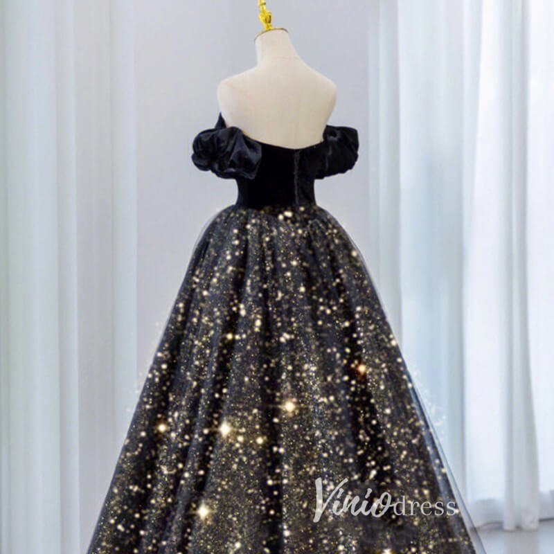 Black Sparkly Tulle Prom Dresses Off the Shoulder Formal Gown FD3241-prom dresses 2025 -Viniodress-Black-Custom Size-