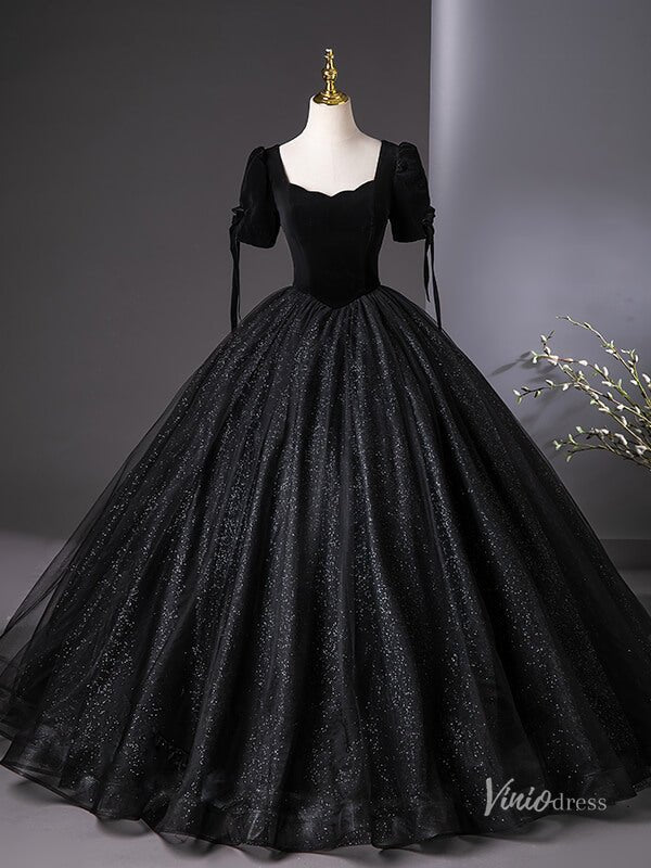 short quinceanera dresses Black Sparkly Tulle Prom Dresses with Velvet Bodice, Short Sleeve Quin –  Viniodress