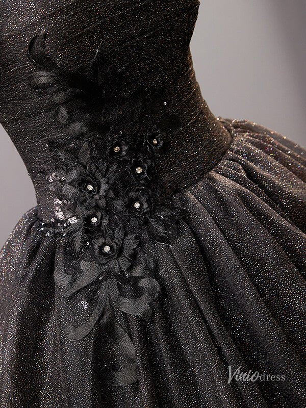 Black Sparkly Tulle Puffed Sleeve Prom Ball Gown Lace Applique Quinceanera Dresses BG056-prom dresses 2025 -Viniodress-Black-Custom Size-