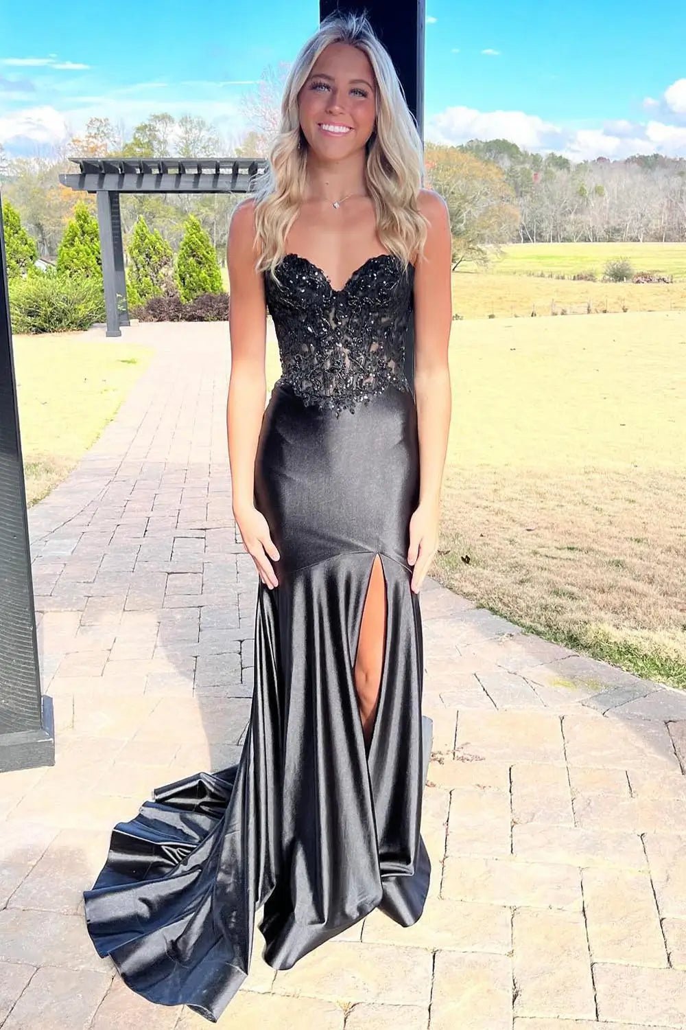 Black Strapless Satin Mermaid Prom Dresses 2025 with Slit, Sweetheart –  Viniodress
