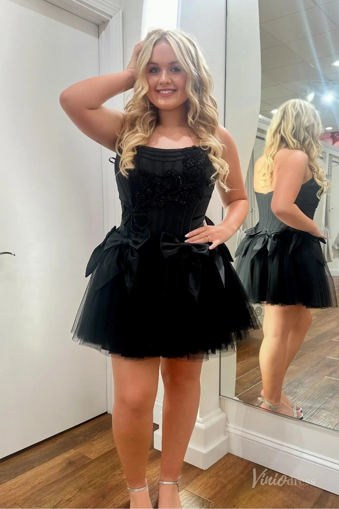 Black Strapless Homecoming Dress with Beaded Corset Bodice & Satin Bows H1149 Viniodress Black Strapless Homecoming Dress with Beaded Corset Bodice & Satin Bows H1149 Viniodress