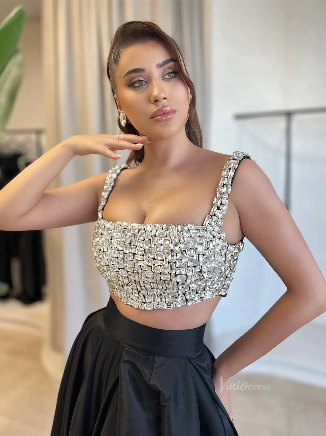 Black Two-Piece Satin Prom Dresses with Slit & Rhinestones Bodice - FD5264-prom dresses 2025 -Viniodress-Black-Custom Size-