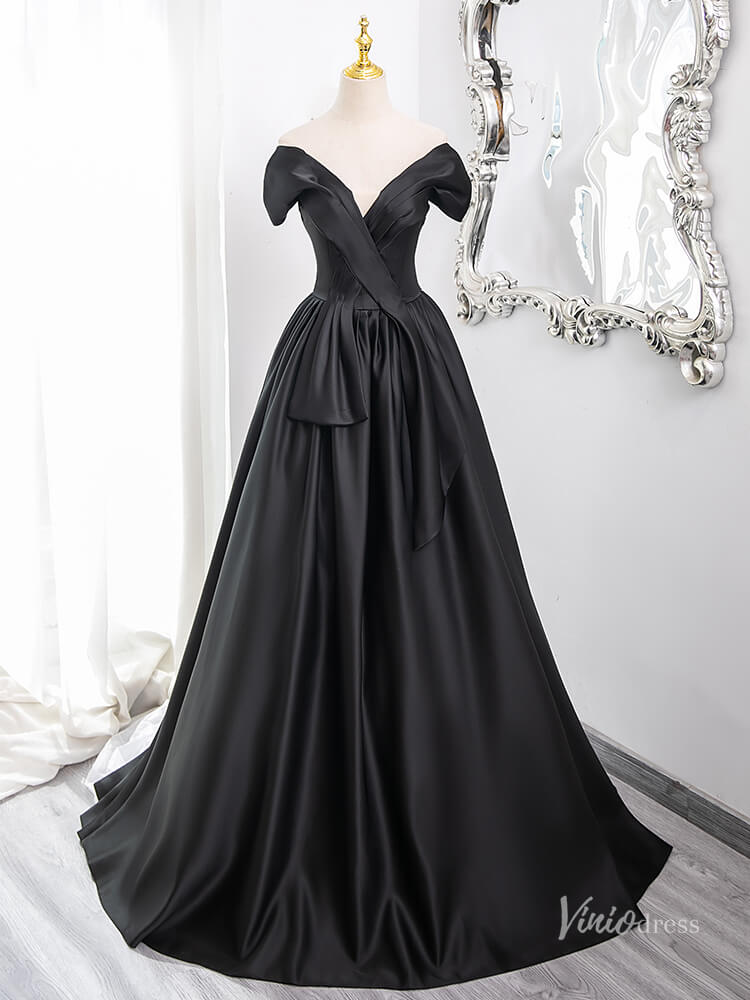 Black V-Neck Satin Minimalist Prom Ball Gown Off the Shoulder Crossed Quinceanera Dresses BG008-prom dresses 2025 -Viniodress-Black-Custom Size-