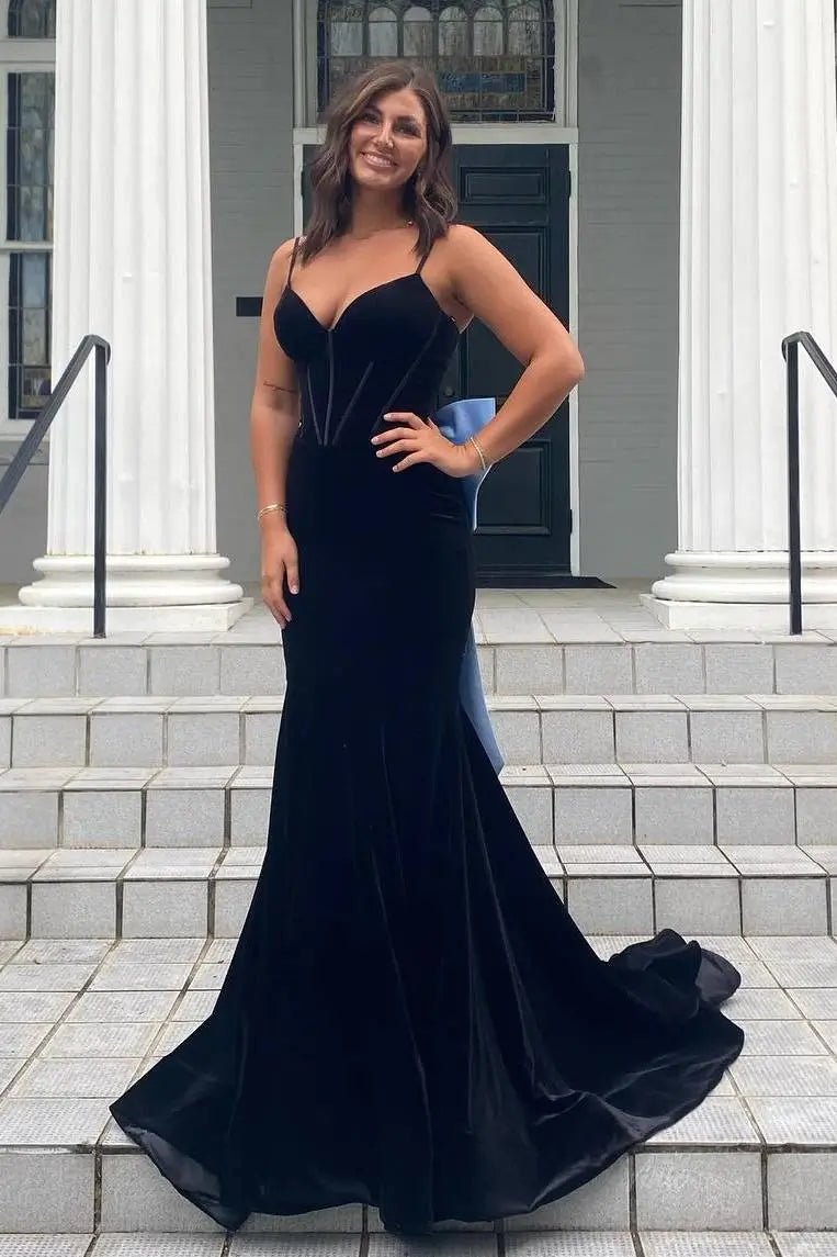 Black Velvet Mermaid Prom Dresses 2025 with Bow & Spaghetti Strap FD Viniodress Black Velvet Mermaid Prom Dresses 2025 with Bow & Spaghetti Strap FD Viniodress