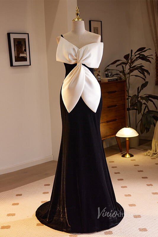 strapless open back dress Black Velvet Mermaid Prom Dresses Bow-Tie Evening Dress AD1057 – Viniodress