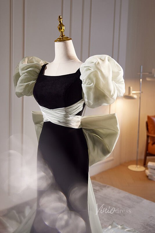 Black Velvet Mermaid Prom Dresses Organza Bow Tie Puffed Sleeve 90057-prom dresses 2025 -Viniodress-Black-Custom Size-