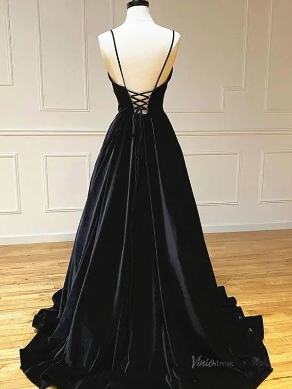 Black Velvet Prom Dresses Lace-up Back Spaghetti Strap V-neck Eevning Gown FD5283-prom dresses 2025 -Viniodress-Black-Custom Size-