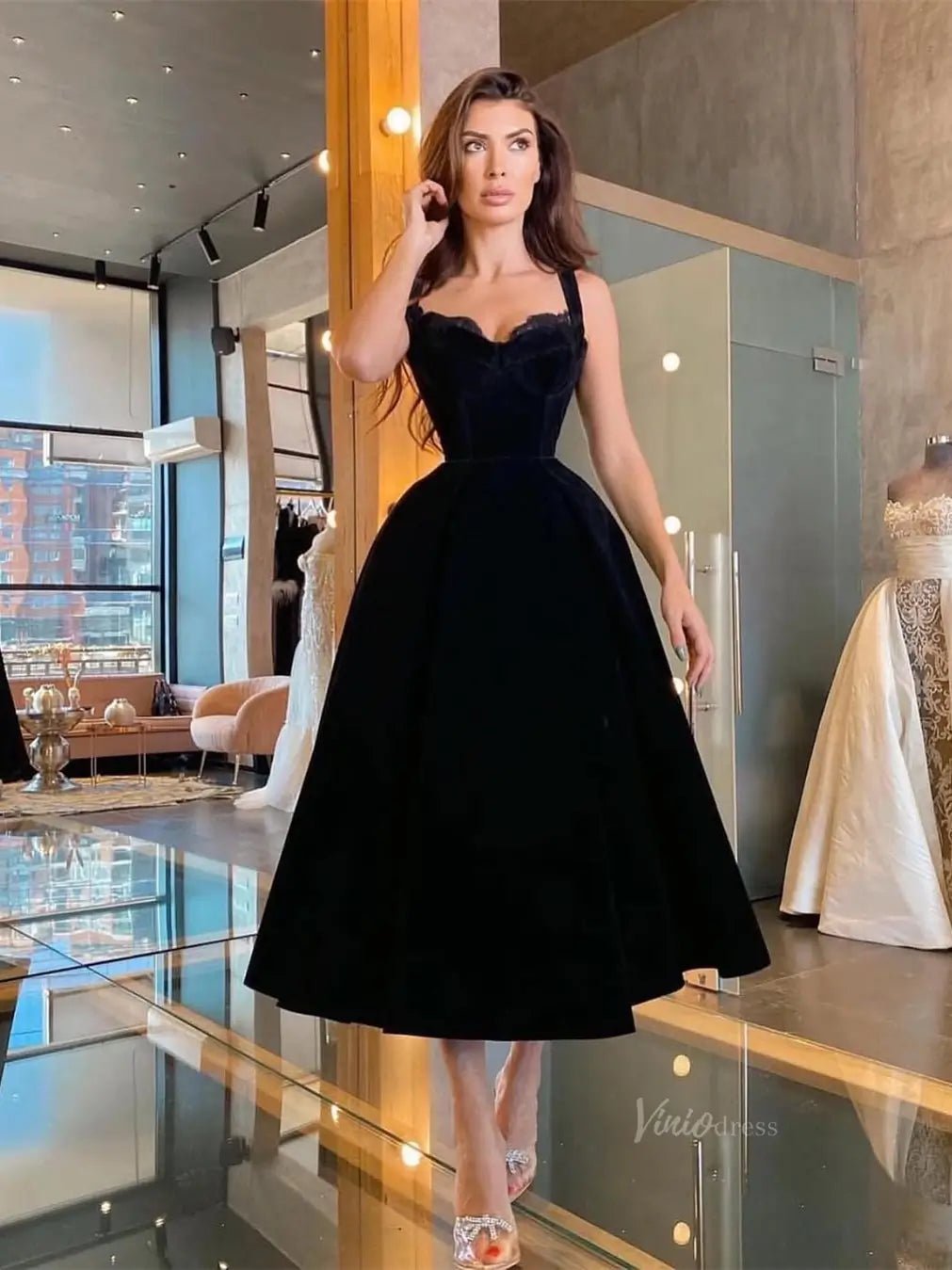 open lace back dress Black Velvet Prom Dresses with Wide Strap & Lace Neckline