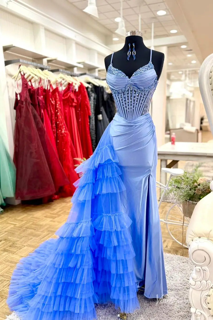 Blue Tiered Tulle Mermaid Prom Dress RF121 Viniodress Blue Tiered Tulle Mermaid Prom Dress RF121 Viniodress