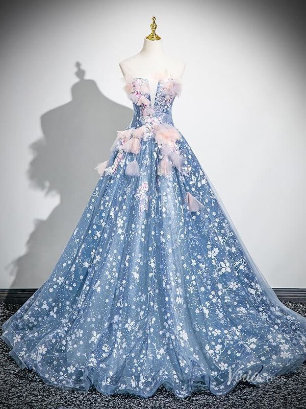 Blue Floral Off the Shoulder Prom Ball Gown Lace Applique Quinceanera Dresses BG036-prom dresses 2025 -Viniodress-Blue-Custom Size-