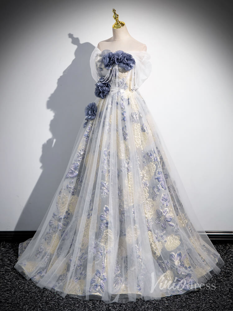 Blue Jacquard Satin Off the Shouler Prom Dresses 3D Flower Beaded String 90021-prom dresses 2025 -Viniodress-Blue-Custom Size-