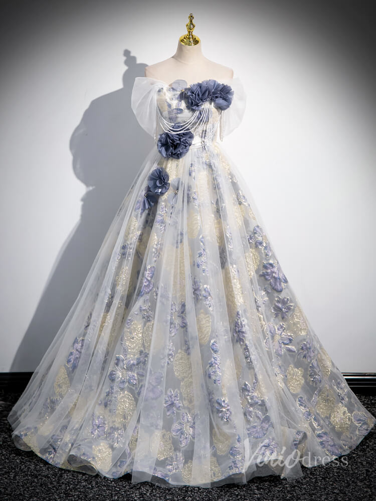 Blue Jacquard Satin Off the Shouler Prom Dresses 3D Flower Beaded Stri Viniodress Blue Jacquard Satin Off the Shouler Prom Dresses 3D Flower Beaded Stri Viniodress