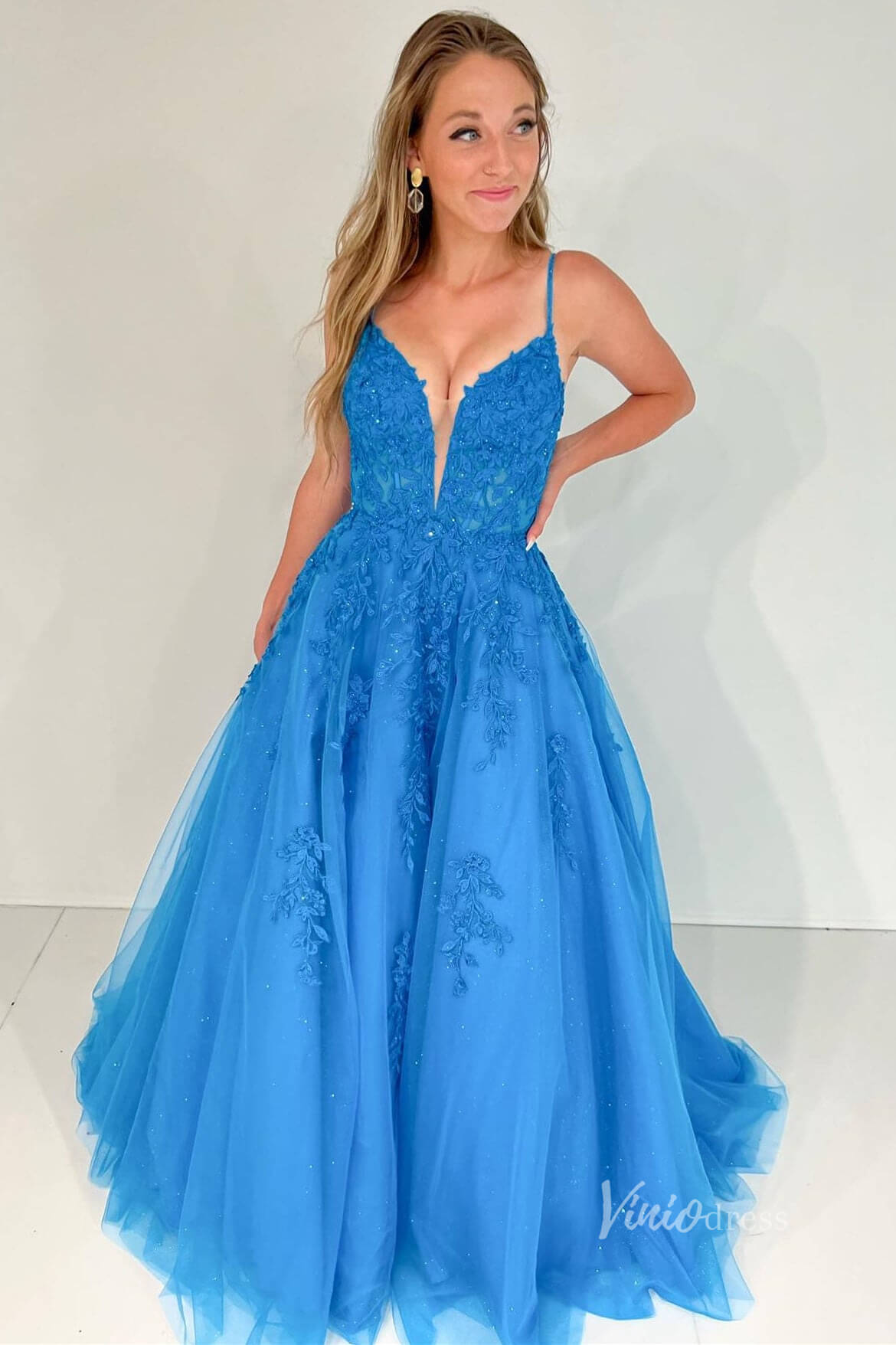 Blue Lace Applique Prom Dresses Plunging V-Neck Spaghetti Strap FD4045D-prom dresses 2025 -Viniodress-Blue-Custom Size-