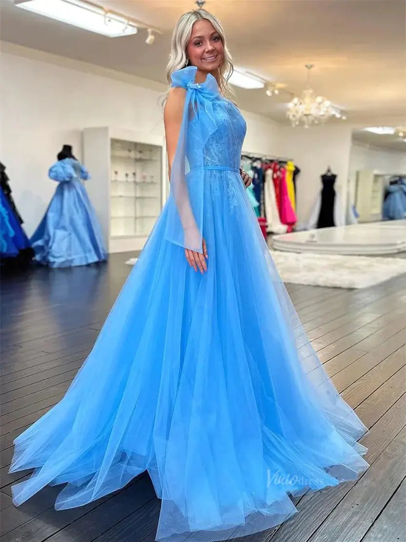 Blue Lace Tulle Prom Dresses with Bow One Shoulder & Sit - FD5186-prom dresses 2025 -Viniodress-Blue-Custom Size-