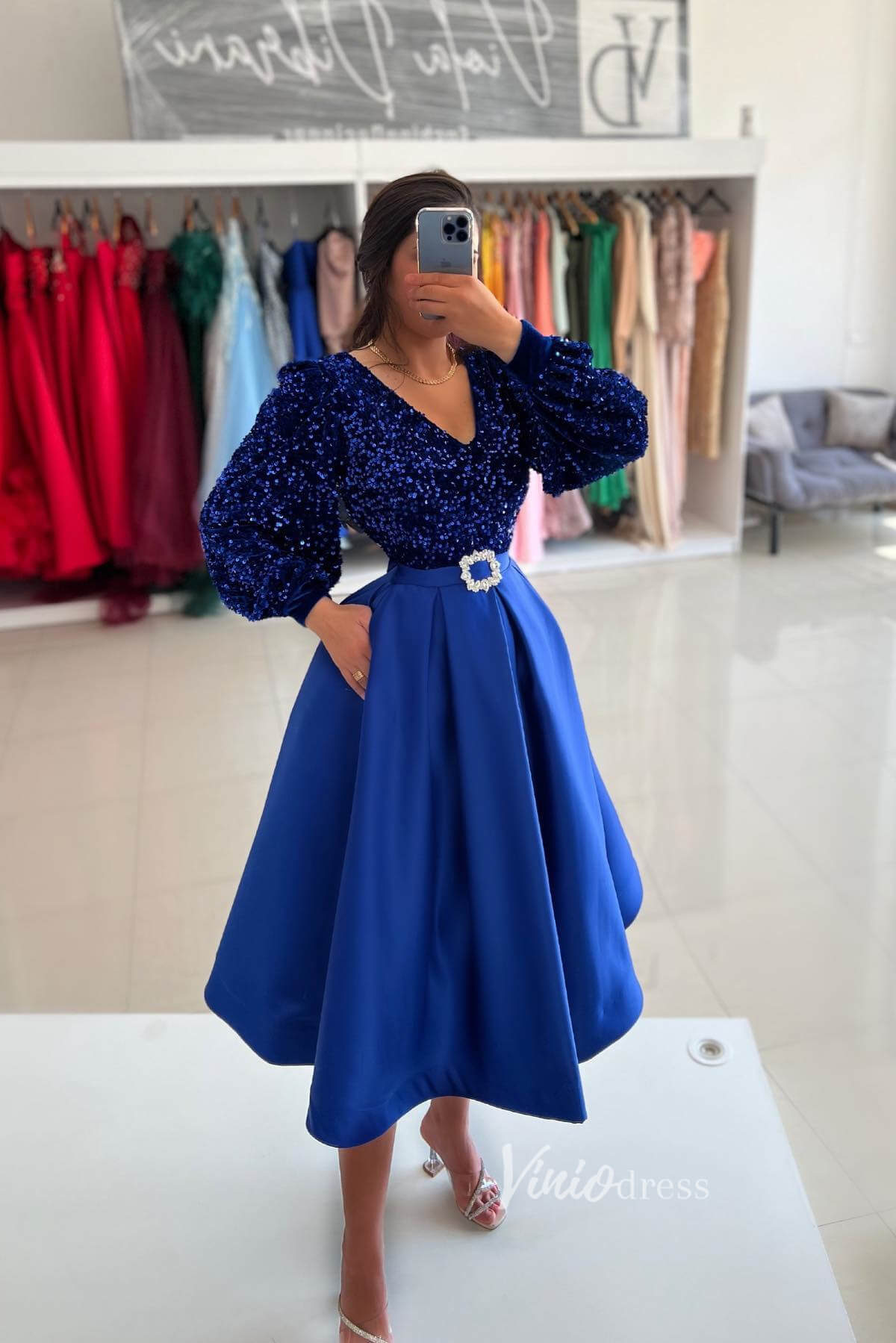Blue Mid-Length Prom Dress Long Sleeve Sequin Formal Dresses FD2952-prom dresses 2025 -Viniodress-Royal Blue-Custom Size-