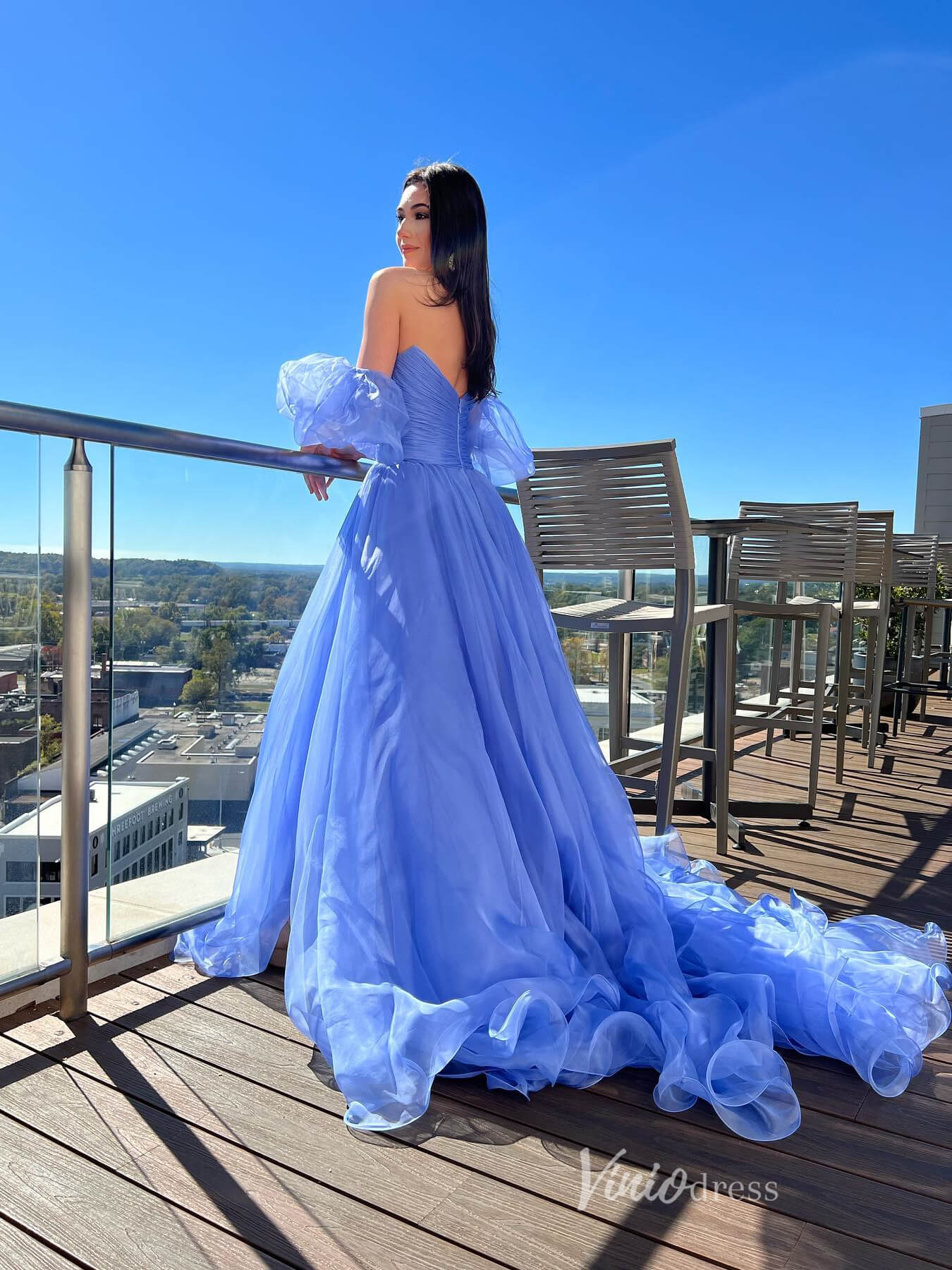 Blue Organza Prom Dresses with Slit Graduation Dress Removable Puffed Sleeve FD4021-prom dresses 2025 -Viniodress-Blue-Custom Size-