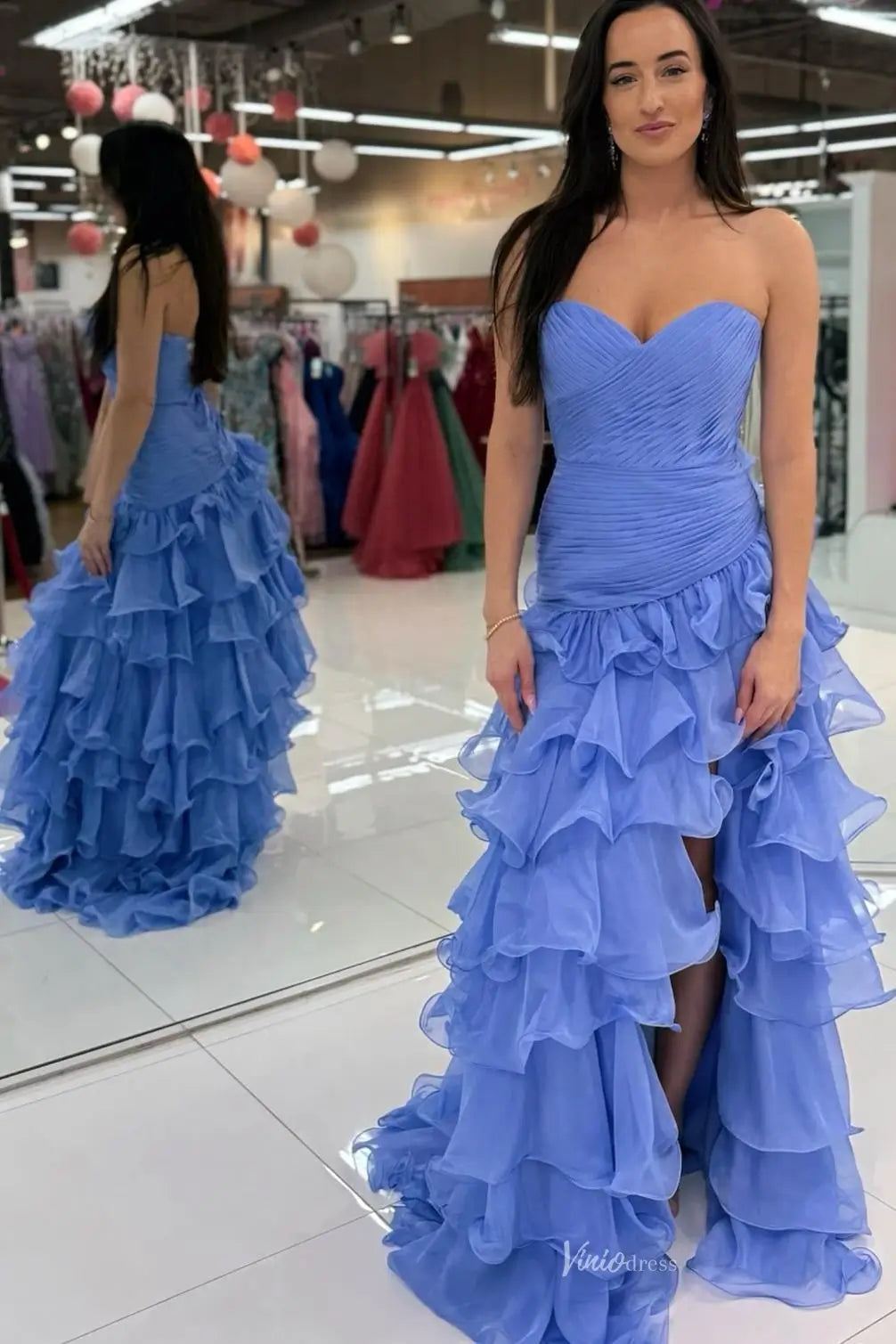 Blue Organza Ruffle Prom Dress with Ruched Sweetheart & Slit  RF048   Viniodress