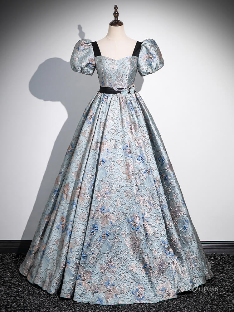 Blue Puffed Sleeve Jacquard Prom Ball Gown Sweetheart Neck Quinceanera Dresses BG054-prom dresses 2025 -Viniodress-Blue-Custom Size-