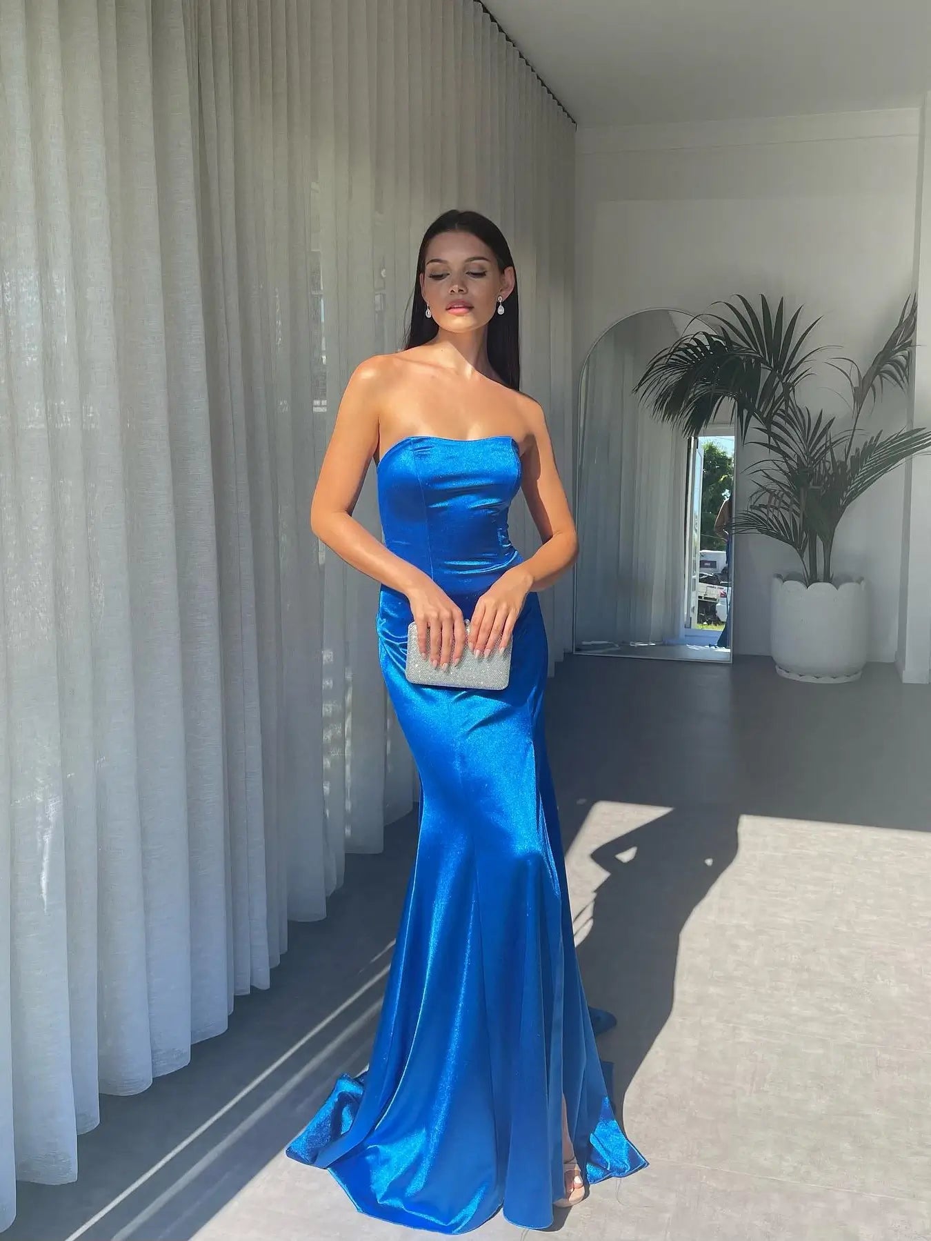 blue strapless mermaid prom dress Blue Satin Mermaid Prom Dress with Slit