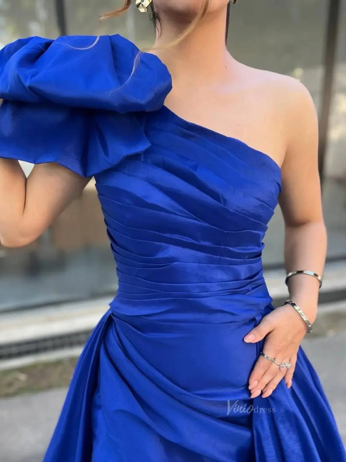 Blue Satin Mermaid Prom Dresses with Slit, Overskirt & Bow One Shoulder - FD5285-prom dresses 2025 -Viniodress-Blue-Custom Size-