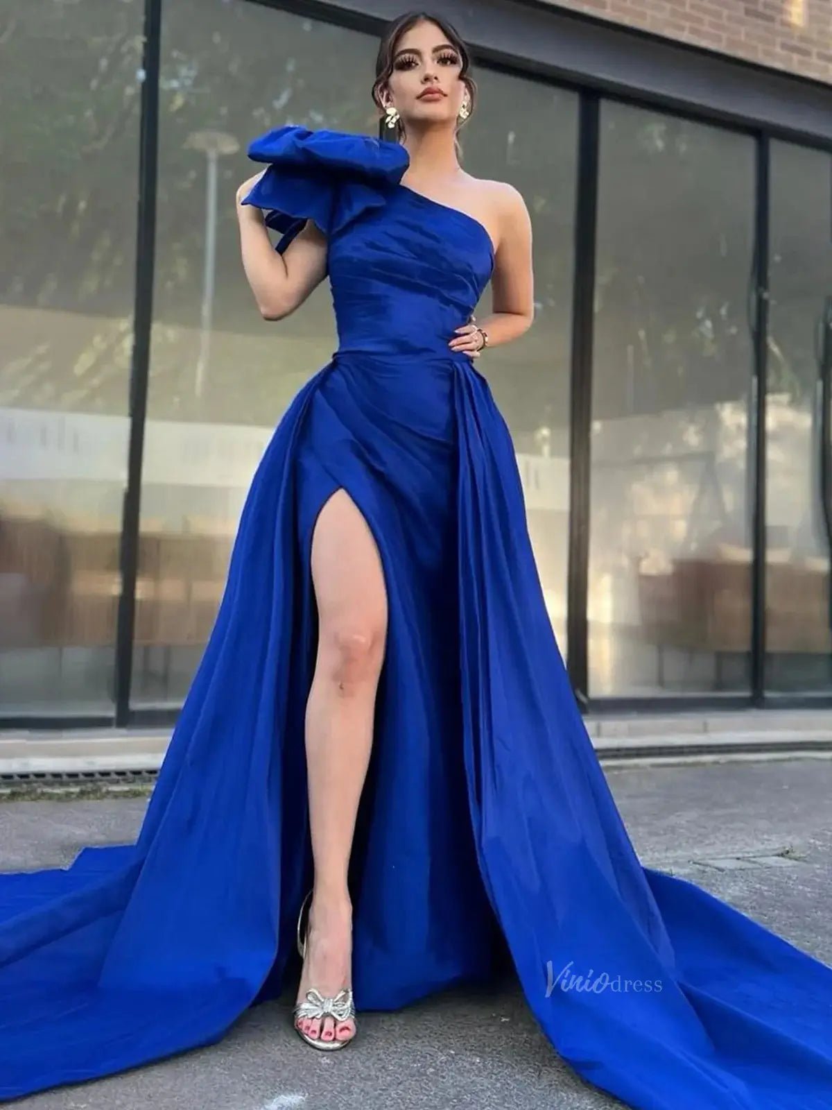 Blue Satin Mermaid Prom Dresses with Slit, Overskirt & Bow One Shoulde Viniodress Blue Satin Mermaid Prom Dresses with Slit, Overskirt & Bow One Shoulde Viniodress