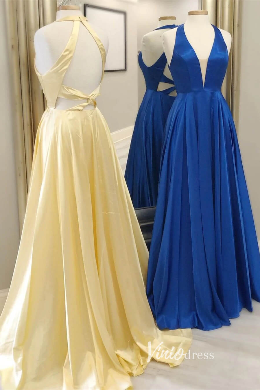 Blue Satin Prom Dresses Plunging V-Neck Formal Gown FD3261-prom dresses 2025 -Viniodress-Blue-Custom Size-