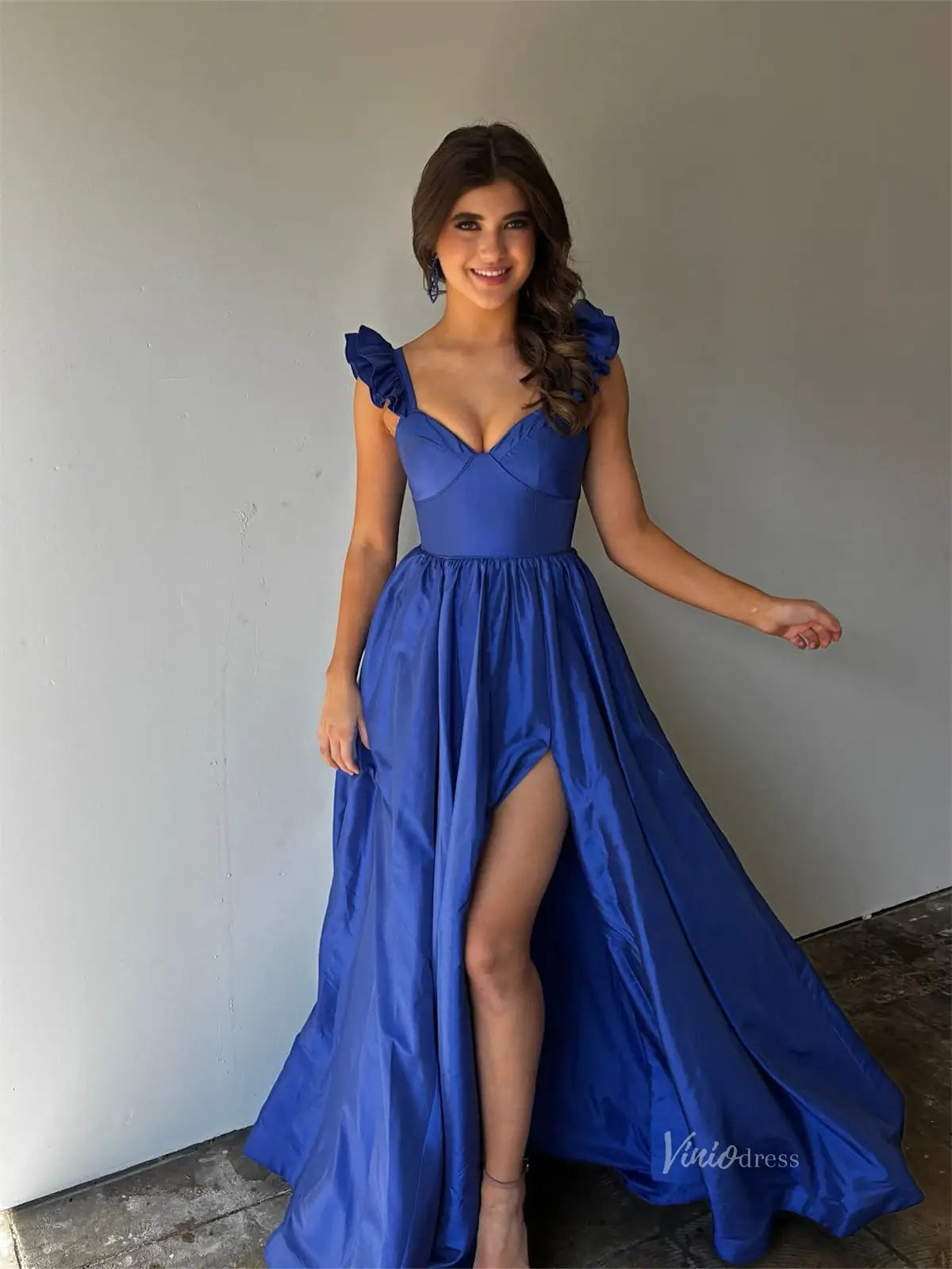 Blue Satin Prom Dresses with Slit & Ruffled Strap - FD5187  Viniodress