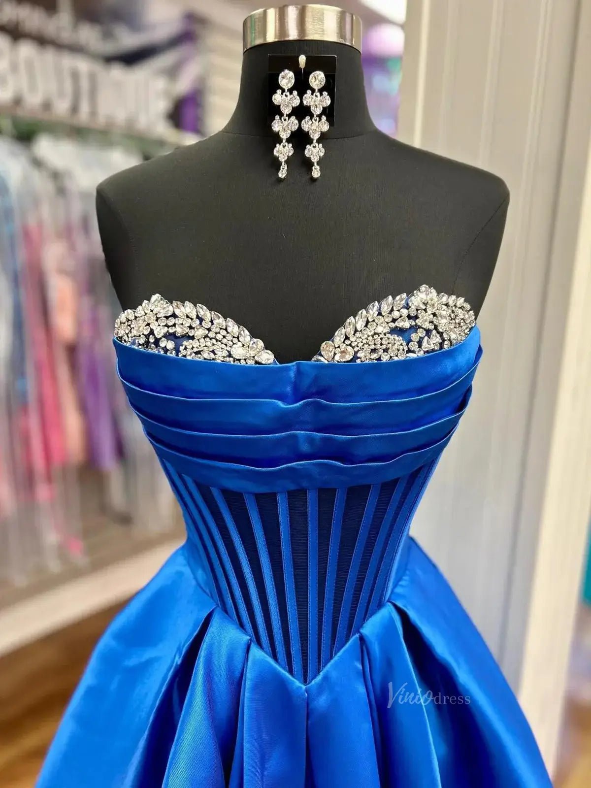 Blue Satin Strapless Prom Dresses with Beaded Sweetheart Neckline & Sheer Boned Bodice - FD5286-prom dresses 2025 -Viniodress-Blue-Custom Size-