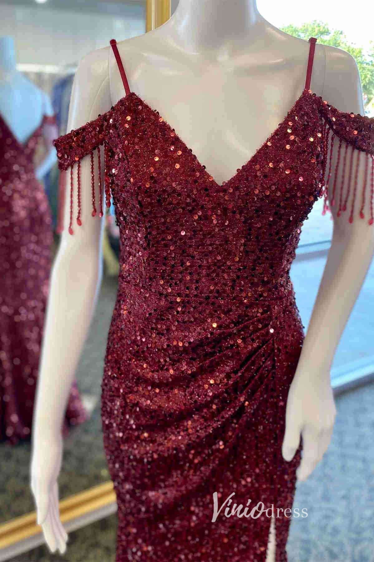 Blue Sequin Prom Dresses with Slit Mermaid Spaghetti Strap Evening Dress FD3313-prom dresses 2025 -Viniodress-Burgundy-Custom Size-