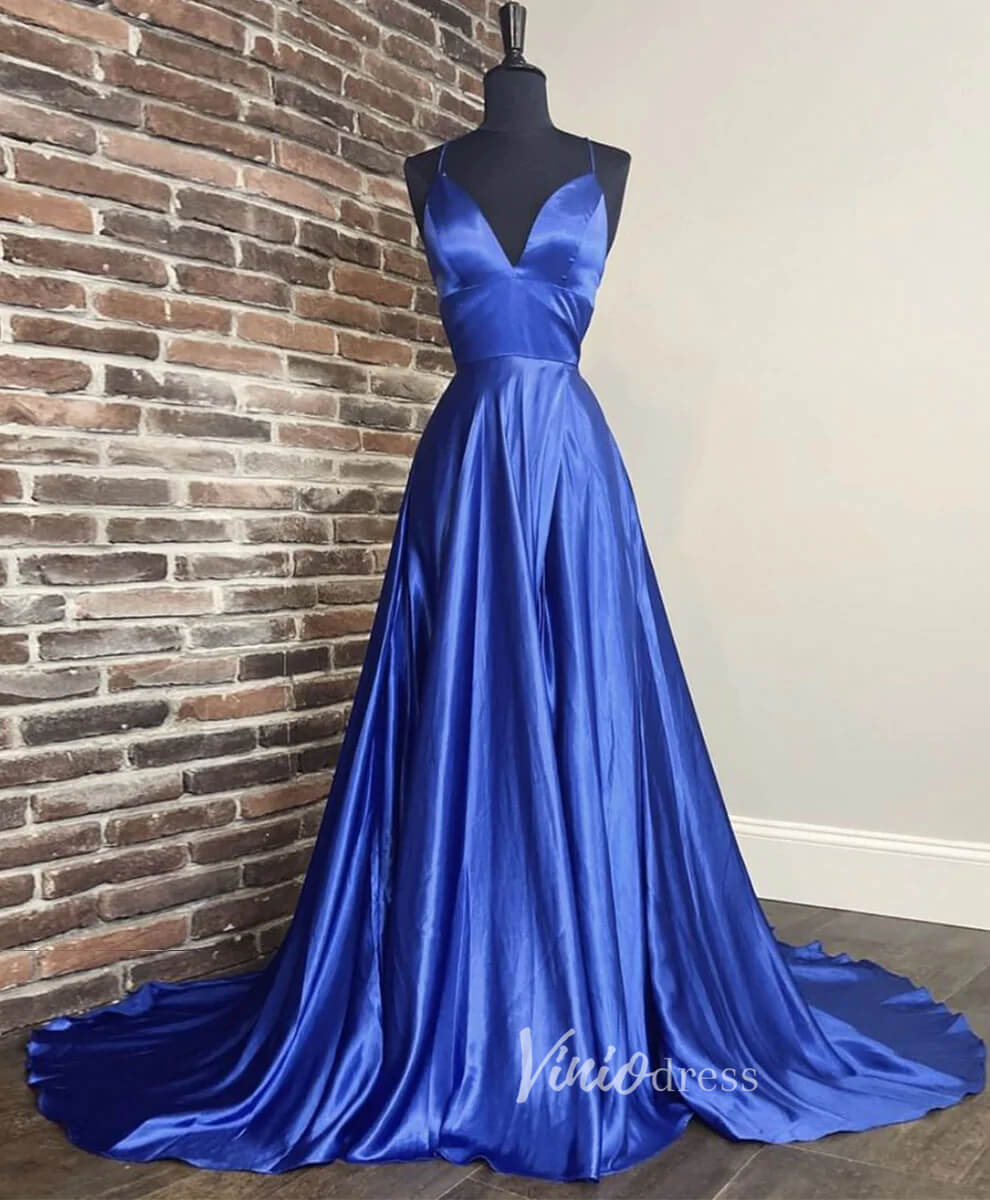 Blue Spaghetti Strap Prom Dresses V-Neck Evening Dress FD3208-prom dresses 2025 -Viniodress-Blue-Custom Size-