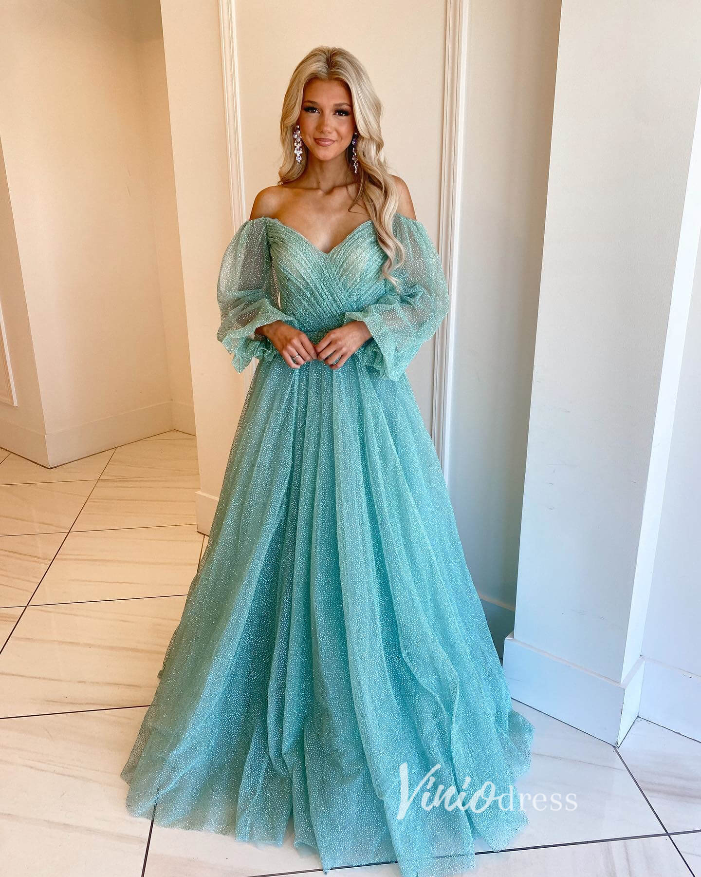 Blue Sparkly Tulle Prom Dresses Long Sleeve Formal Gown FD3320-prom dresses 2025 -Viniodress-Blue-Custom Size-