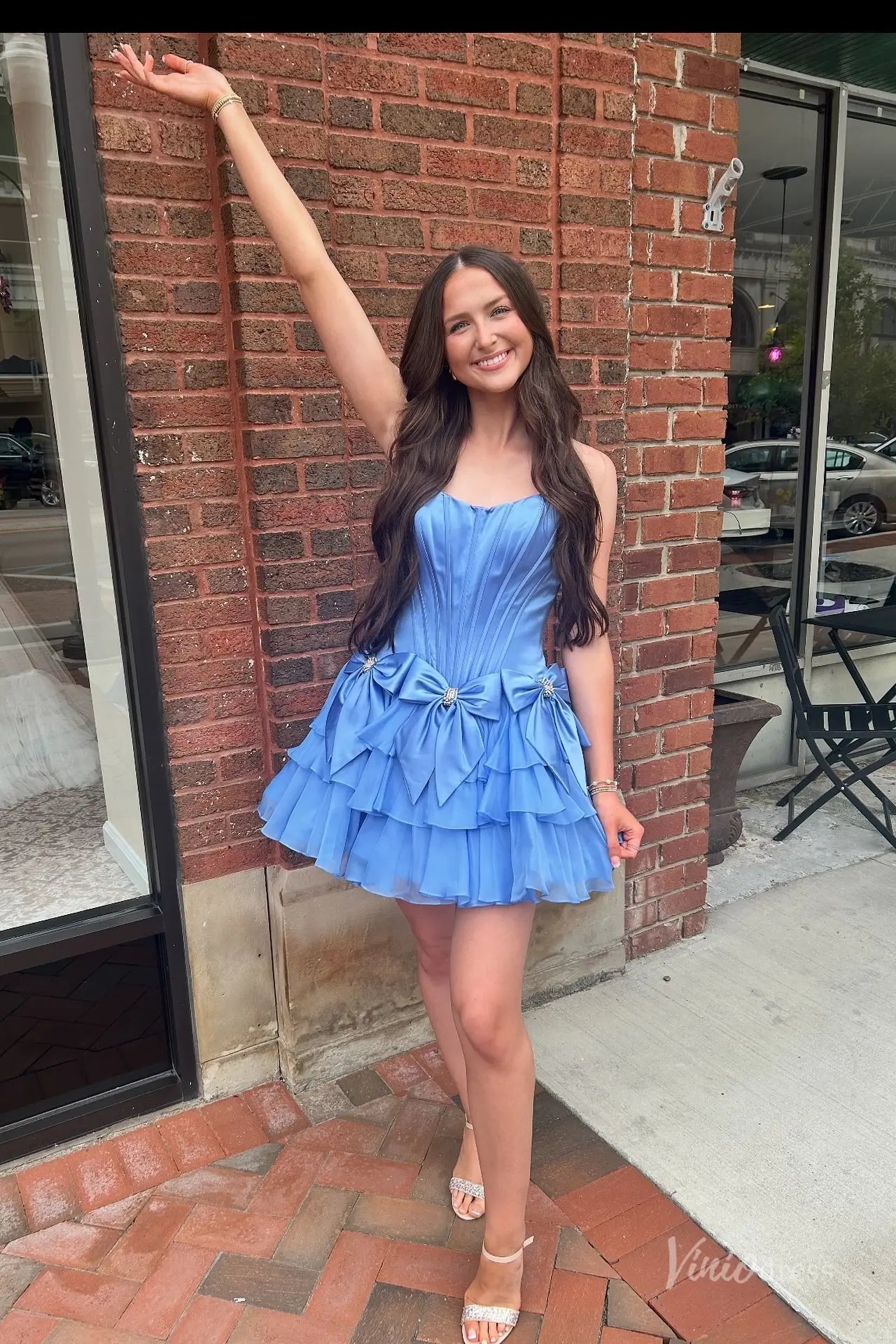Blue Strapless Homecoming Dress with Corset Bodice, Satin Bows, and Tiered Mini Skirt – H1141B-Homecoming Dresses 2025 -Viniodress-Blue-Custom Size-