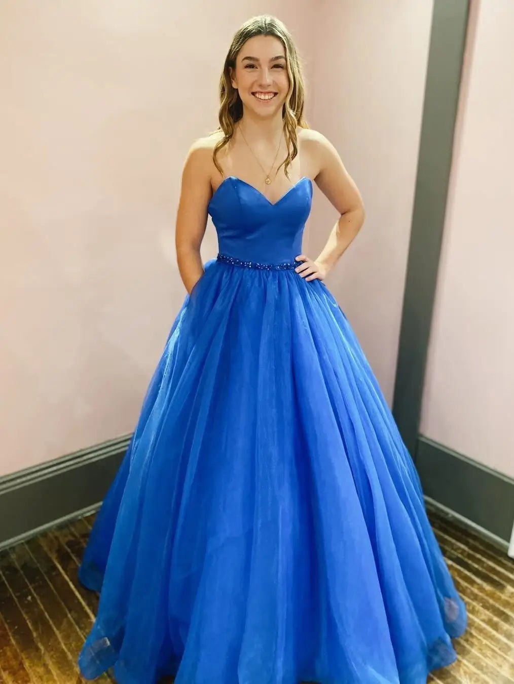 open lace back dress Sweetheart Neck High Low Dark Blue Prom Dress, Dark Blue High Low Form –  jbydress main image 1