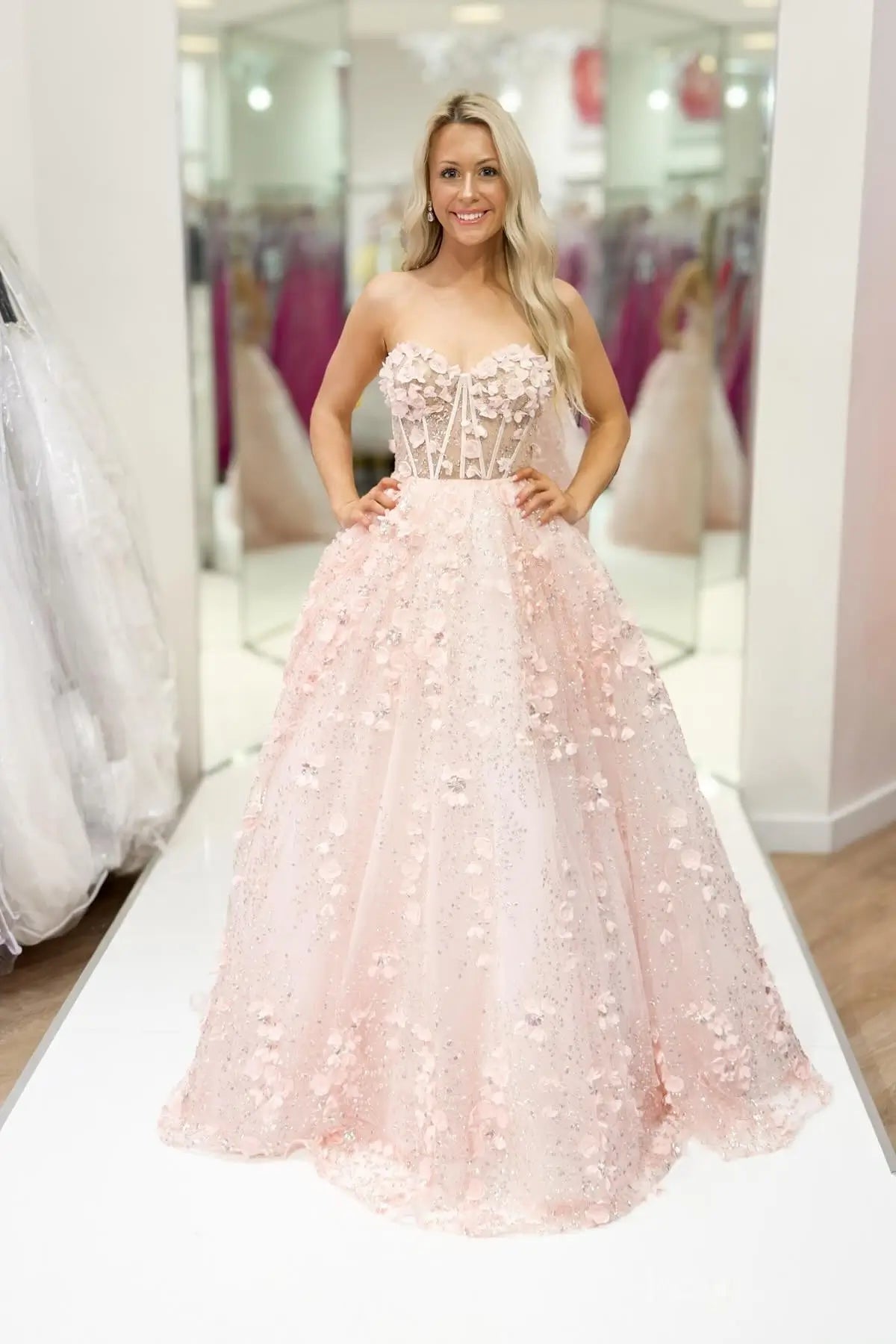 Blush 3D Floral Ball Gown Prom Dress with Boned Bodice & Glitter Tulle Skirt – AL007-prom dresses 2026-Viniodress-Blush-Custom Size-