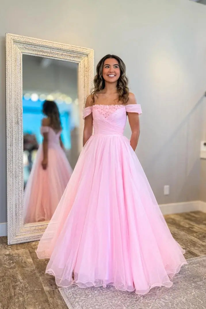 Blush Off-the-Shoulder Tulle Ball Gown Prom Dress with Ruched Bodice & Beaded Neckline – AE2001-Prom Dresses 2026-Viniodress-Pink-Custom Size-
