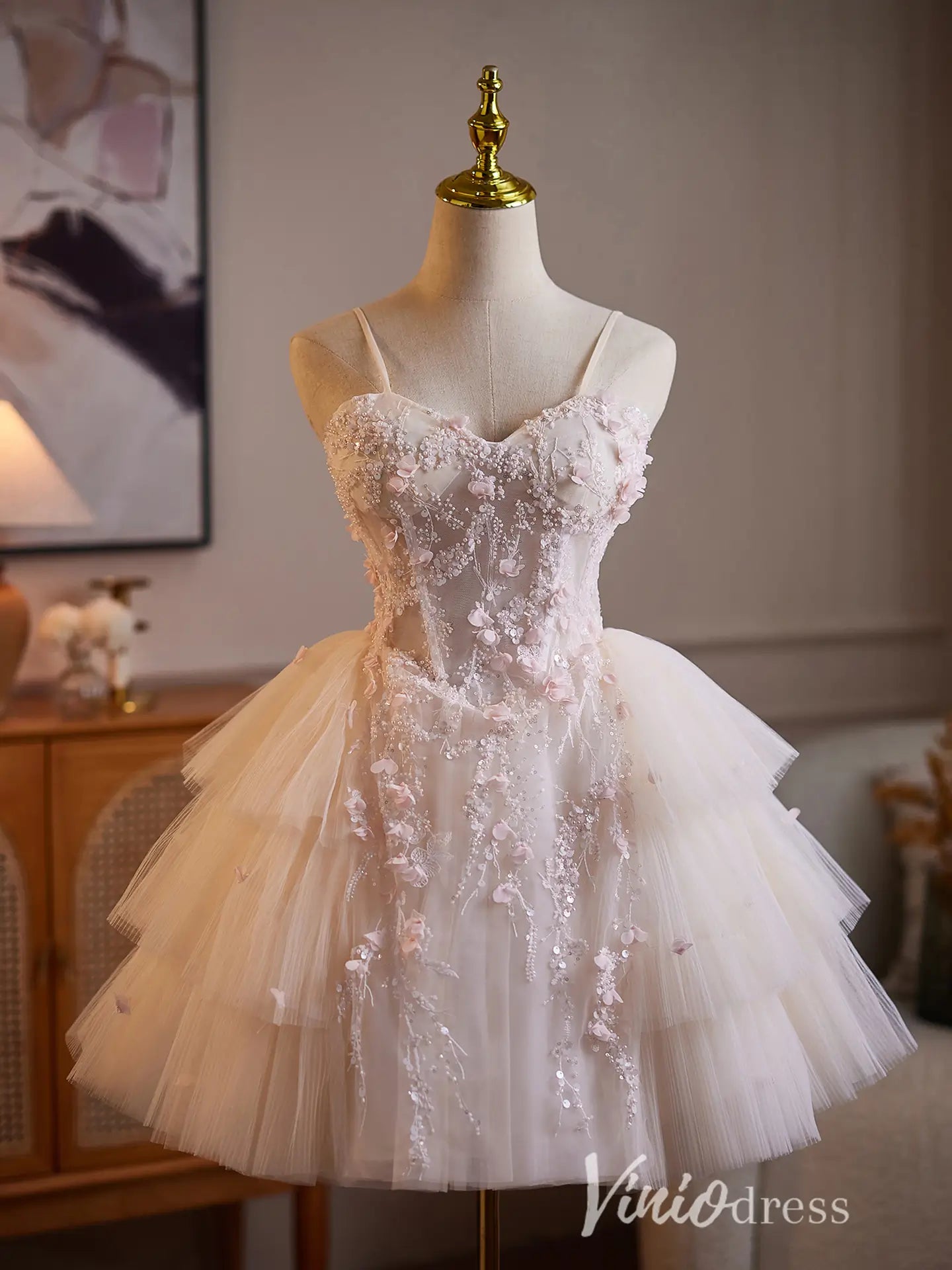 Blush Pink 3D Floral Beaded Corset Hoco Dress with Tiered Tulle – Viniodress