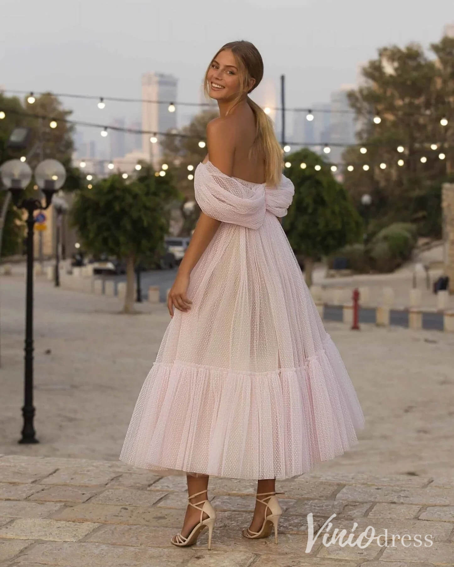 Blush Pink Dotted Tulle Homecoming Dresses Off the Shoulder Tea-Length Dress SD1675-Homecoming Dresses 2025 -Viniodress-Blush-Custom Size-