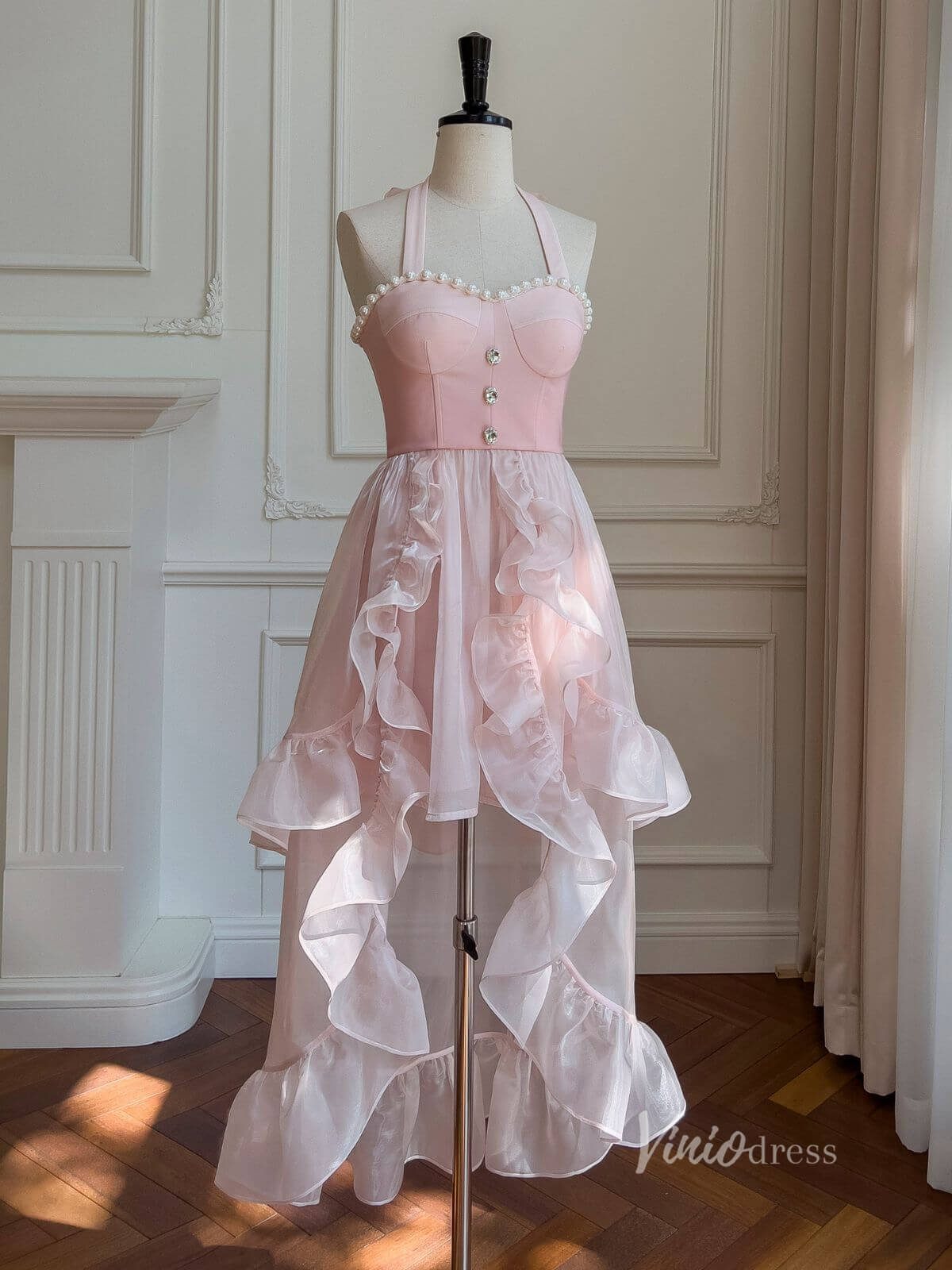 Blush Pink High Low Ruffle Prom Dresses Pearl Neckline Bow Halter Neck FD4032-prom dresses 2025 -Viniodress-Blush Pink-Custom Size-
