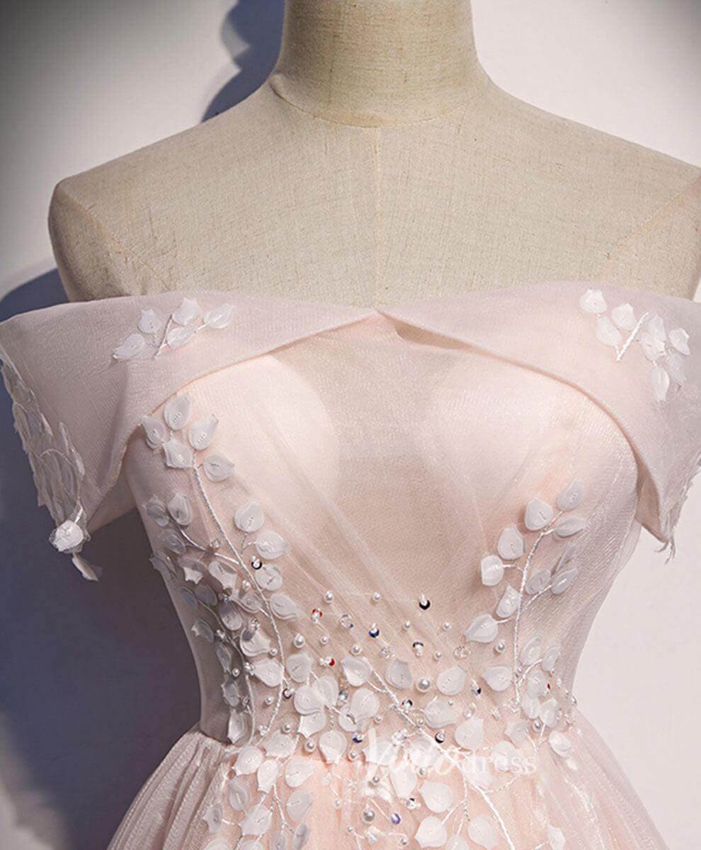 Blush Pink Lace Applique Prom Dresses Off the Shoulder Evening Dress FD3163-prom dresses 2025 -Viniodress-Blush Pink-Custom Size-