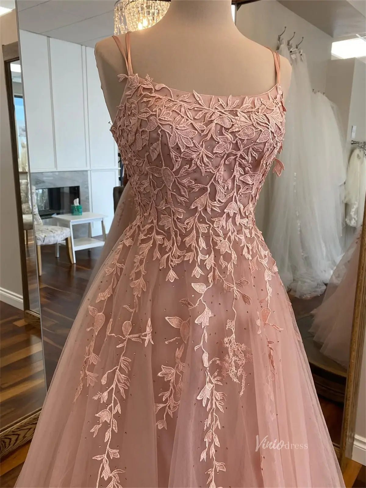 Blush Pink Lace Prom Dress with Spaghetti Straps & Lace-Up Back - FD5165-prom dresses 2025 -Viniodress-Blush Pink-Custom Size-