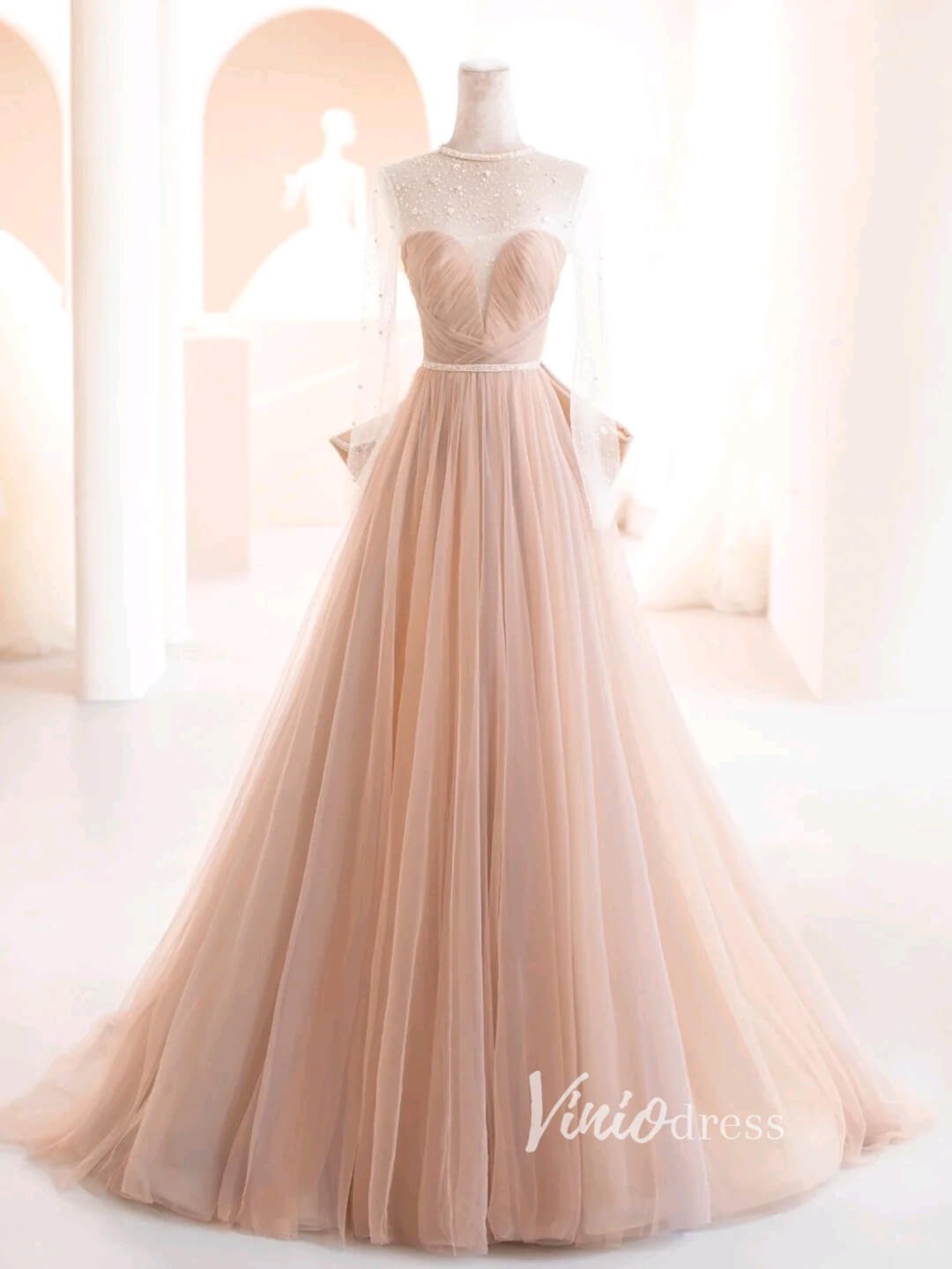 Blush Pink Long Sleeve Prom Dresses Sweetheart Neck Formal Gown FD3420 Viniodress Blush Pink Long Sleeve Prom Dresses Sweetheart Neck Formal Gown FD3420 Viniodress