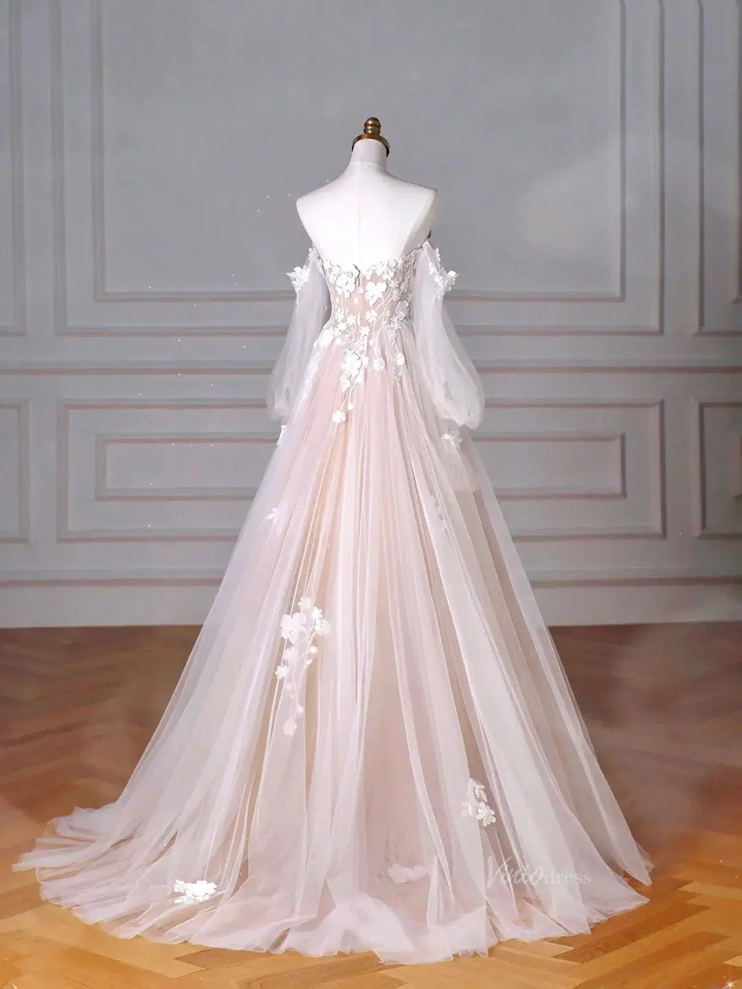 Blush Pink Off the Shoulder Lace Prom Dresses with Long Sleeve, 3D Flower & Sweetheart Neck - FD5102-prom dresses 2025 -Viniodress-Blush Pink-Custom Size-