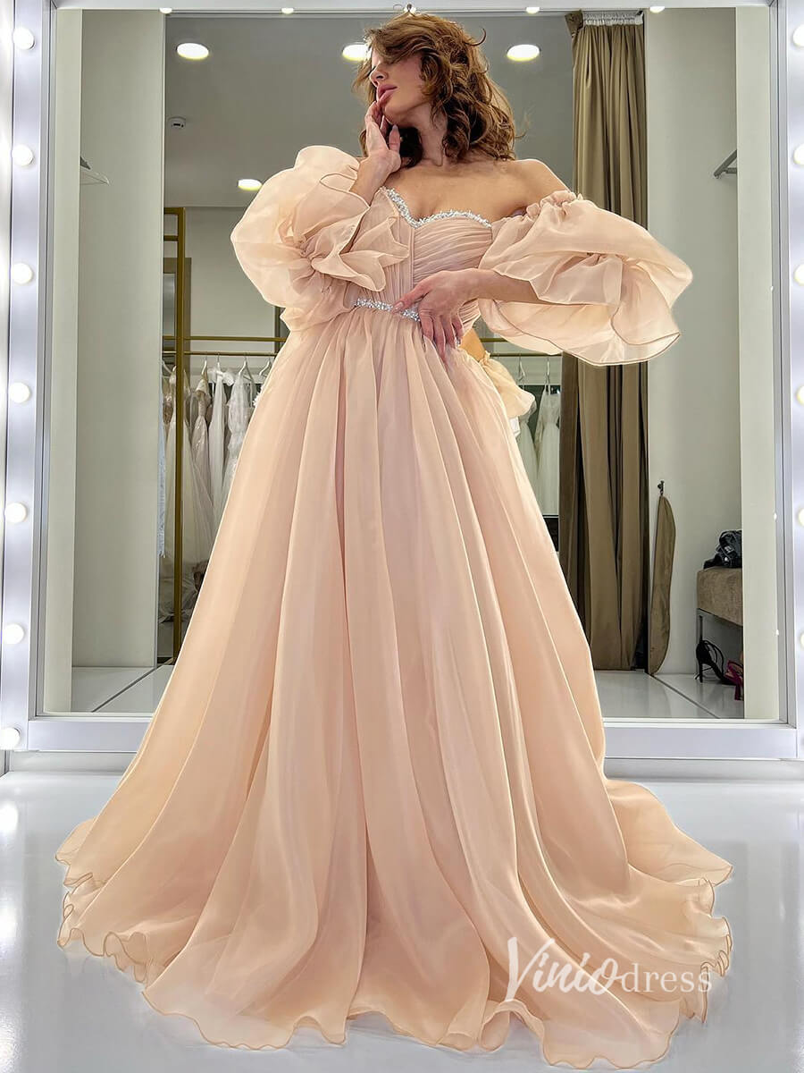 open lace back dress Shinny Organza Satin A Line Wedding Dresses With Puff Long Sleeves ZW799 -