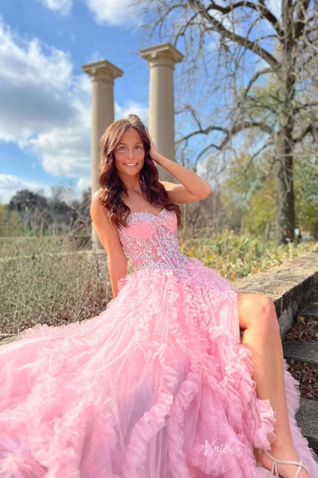 Blush Pink Ruffle Tulle Prom Dress with Sparkly Corset  RF208  Viniodress