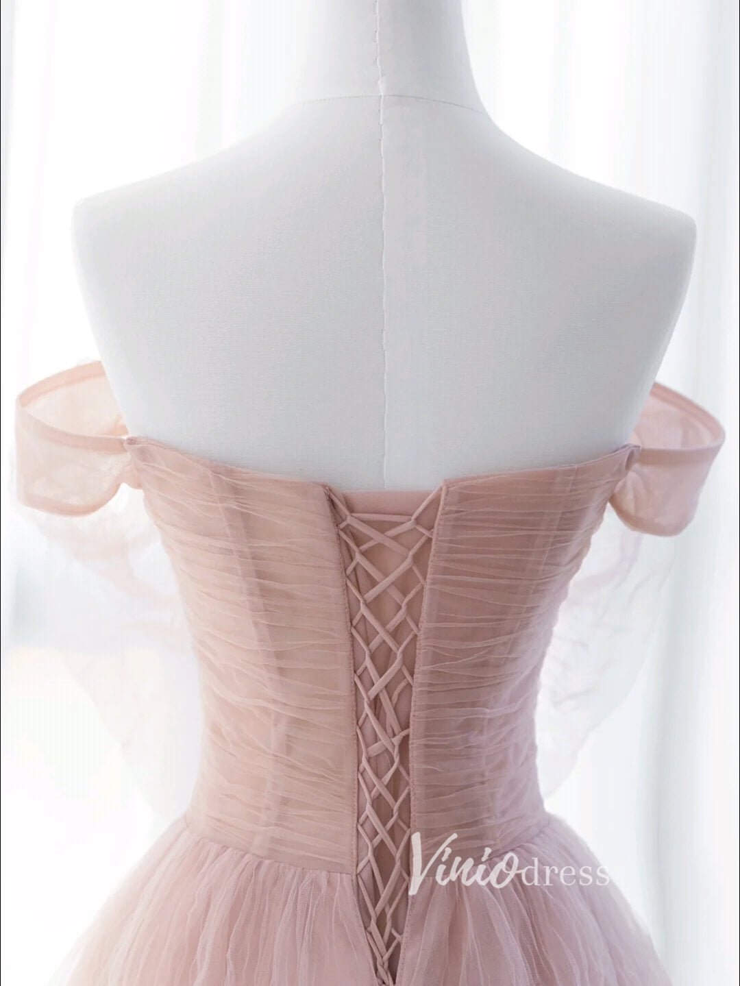Blush Pink Ruffled Tulle Prom Dresses Off the Shoulder Formal Gown FD3413-prom dresses 2025 -Viniodress-Blush Pink-Custom Size-