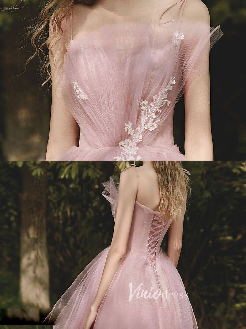 Blush Pink Spaghetti Strap Prom Dresses Tiered Tulle Evening Dress FD3100-prom dresses 2025 -Viniodress-Blush Pink-Custom Size-