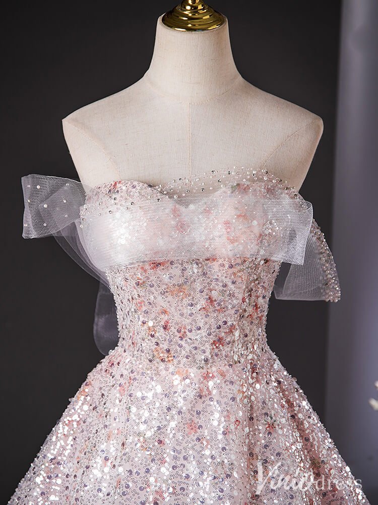 Blush Pink Sparkly Sequin Quinceanera Dresses Floral Off the Shoulder Ball Gown AD1384-prom dresses 2025 -Viniodress-Blush Pink-Custom Size-