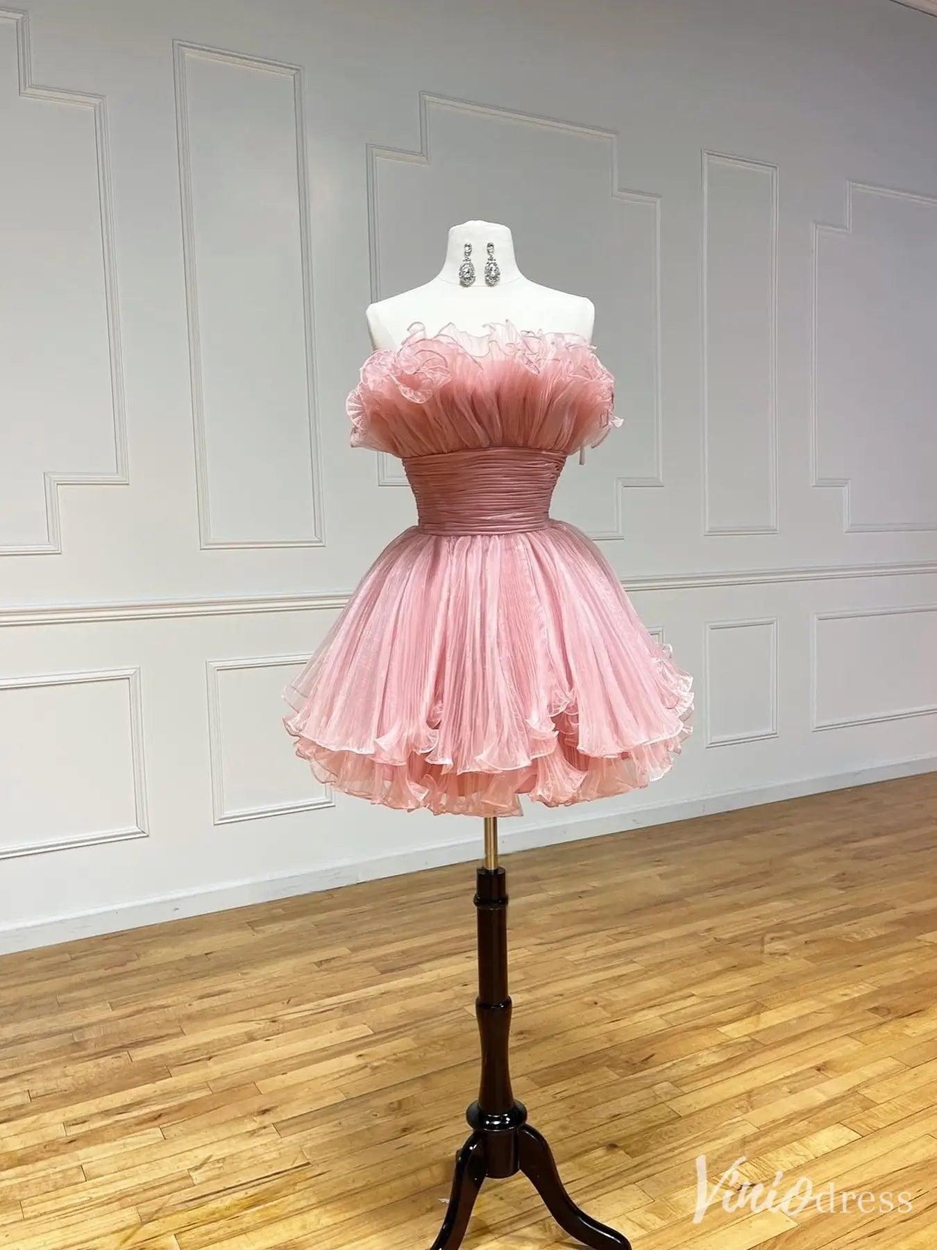 Blush Pink Strapless Homecoming Dress with Ruffled Bodice, Ruched Waist, and Pleated Skirt – SD1714-Homecoming Dresses 2025 -Viniodress-Blush-Custom Size-